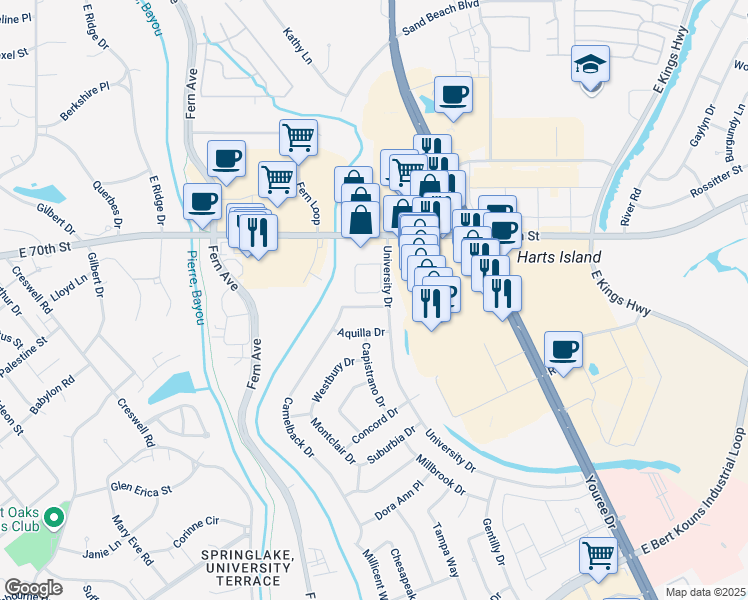 map of restaurants, bars, coffee shops, grocery stores, and more near 1521 Cambridge Drive in Shreveport
