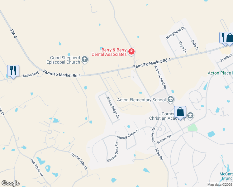 map of restaurants, bars, coffee shops, grocery stores, and more near 4751 Acton Hwy in Granbury