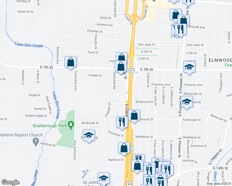 map of restaurants, bars, coffee shops, grocery stores, and more near 841 Alameda Road in Abilene