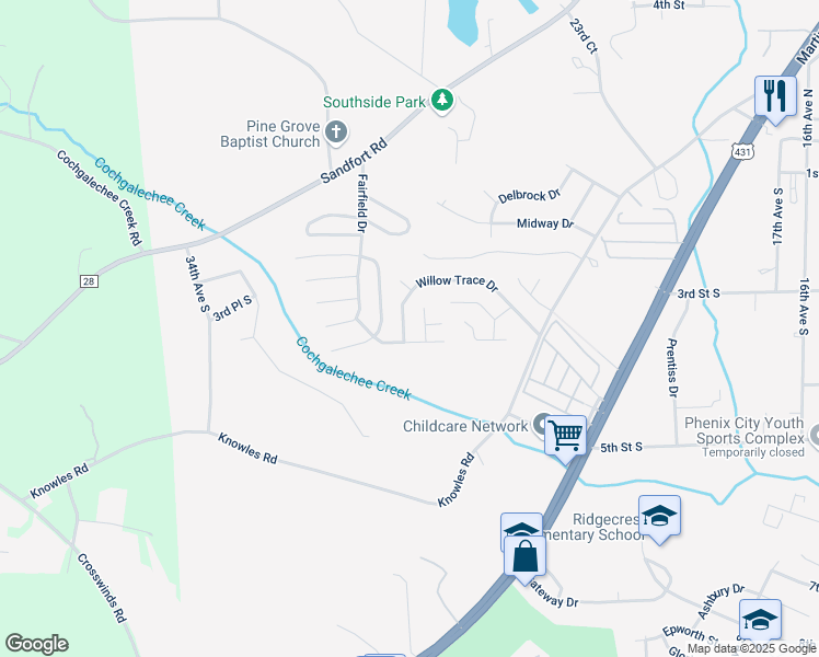 map of restaurants, bars, coffee shops, grocery stores, and more near 77 Willow Trace Drive in Phenix City