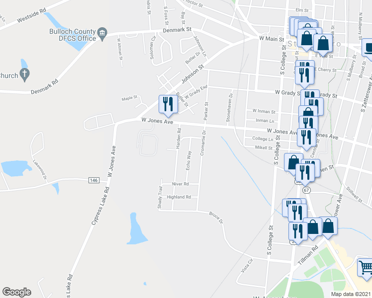 map of restaurants, bars, coffee shops, grocery stores, and more near 105 Echo Way in Statesboro