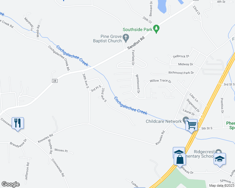 map of restaurants, bars, coffee shops, grocery stores, and more near 60 Fairfield Drive in Phenix City