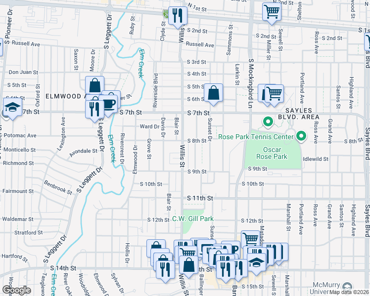 map of restaurants, bars, coffee shops, grocery stores, and more near 825 South Willis Street in Abilene