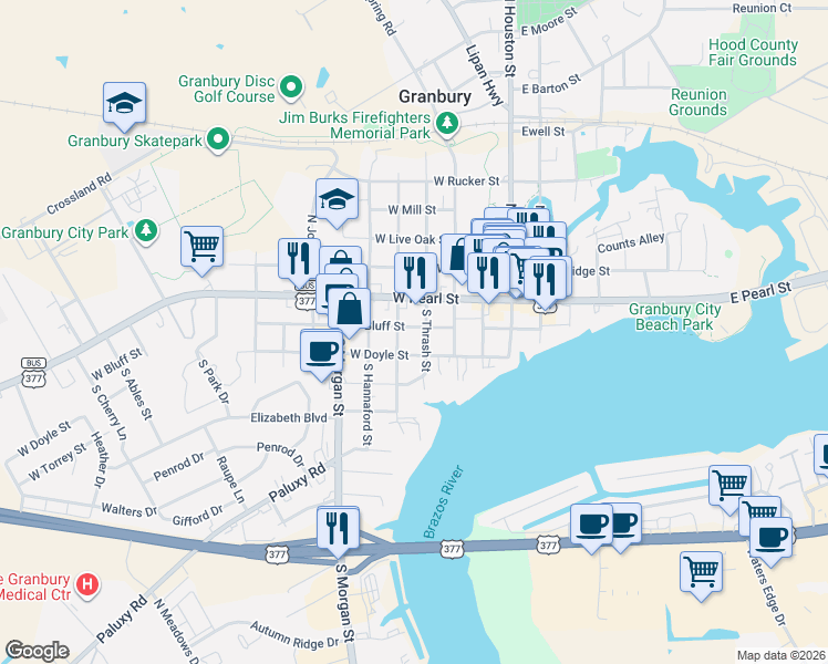 map of restaurants, bars, coffee shops, grocery stores, and more near 104 West Doyle Street in Granbury