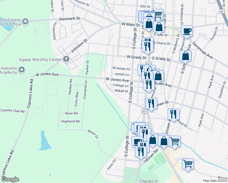 map of restaurants, bars, coffee shops, grocery stores, and more near 118 Mikell Street in Statesboro