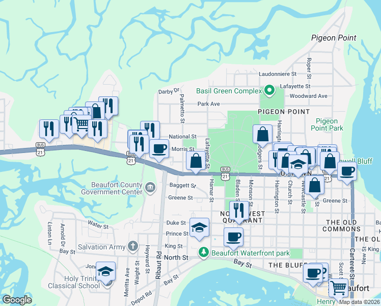 map of restaurants, bars, coffee shops, grocery stores, and more near 1813 Lovejoy Street in Beaufort