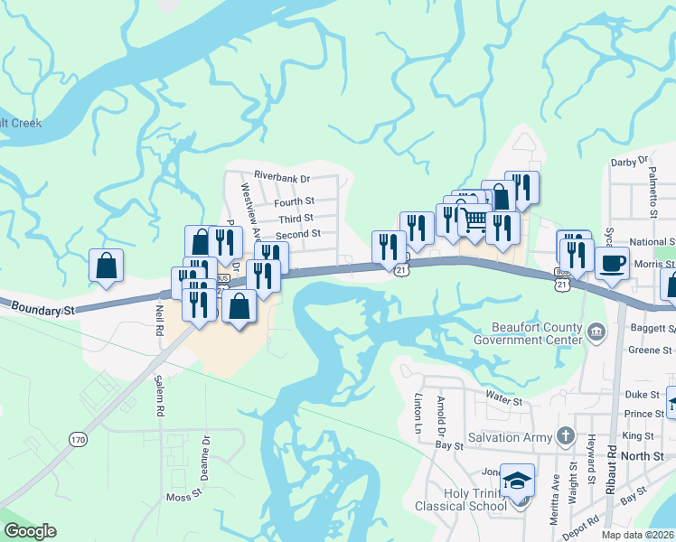map of restaurants, bars, coffee shops, grocery stores, and more near Boundary Street in Beaufort