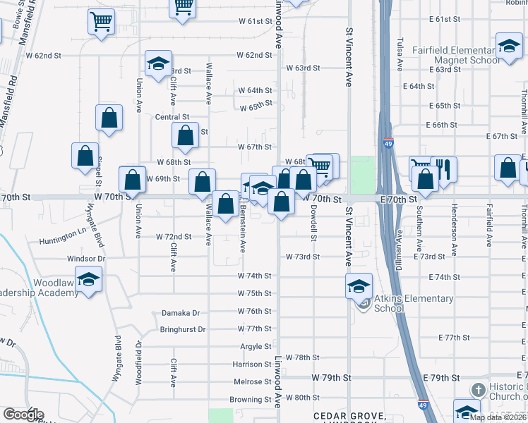 map of restaurants, bars, coffee shops, grocery stores, and more near 401 West 70th Street in Shreveport