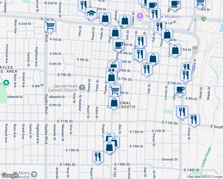 map of restaurants, bars, coffee shops, grocery stores, and more near 774 Butternut Street in Abilene