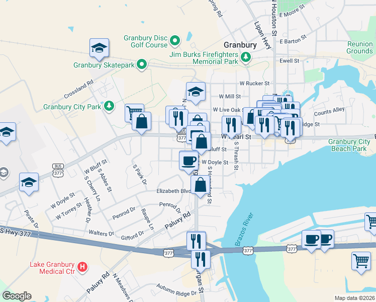map of restaurants, bars, coffee shops, grocery stores, and more near 206 South Jones Street in Granbury