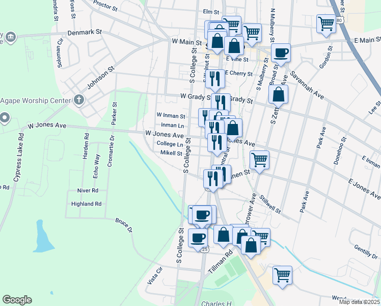 map of restaurants, bars, coffee shops, grocery stores, and more near 15 Mikell Street in Statesboro