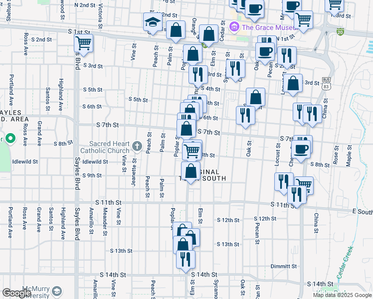 map of restaurants, bars, coffee shops, grocery stores, and more near 774 Butternut Street in Abilene