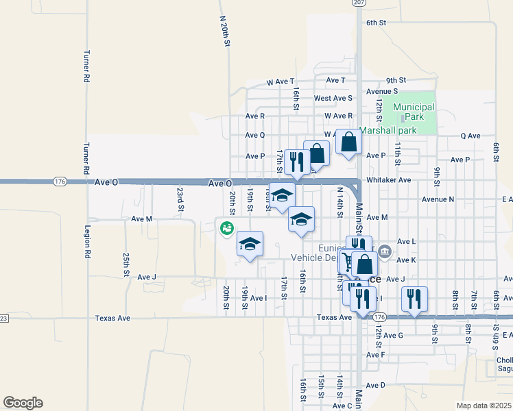 map of restaurants, bars, coffee shops, grocery stores, and more near 1800-1840 Ave M in Eunice