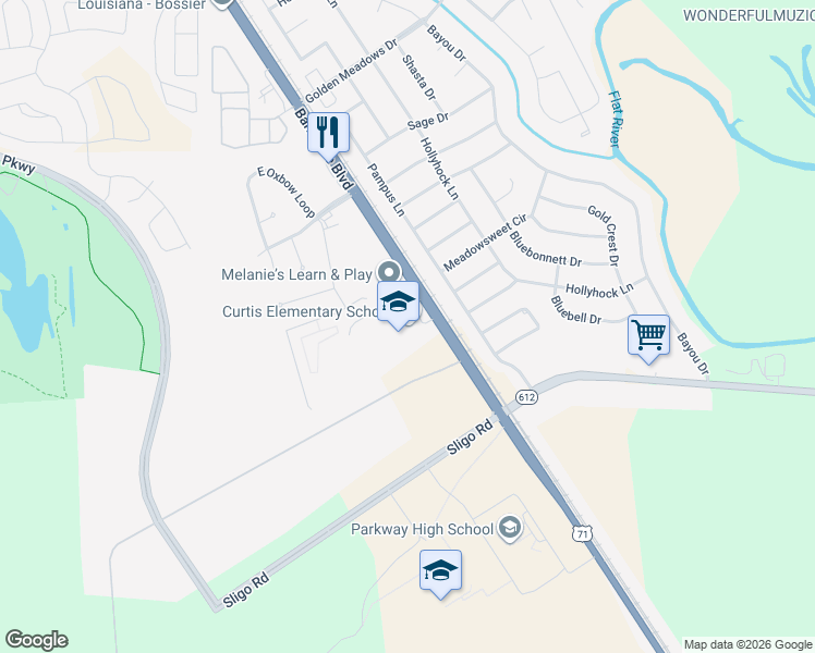 map of restaurants, bars, coffee shops, grocery stores, and more near 5600 Barksdale Boulevard in Bossier City