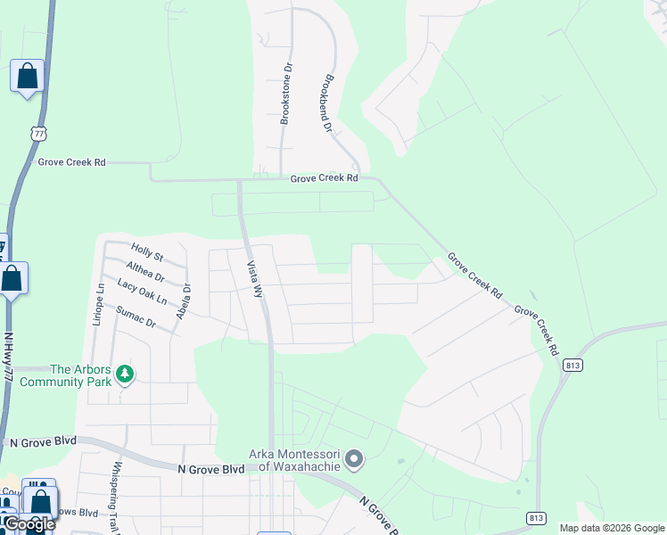 map of restaurants, bars, coffee shops, grocery stores, and more near 627 Grove Creek Road in Waxahachie