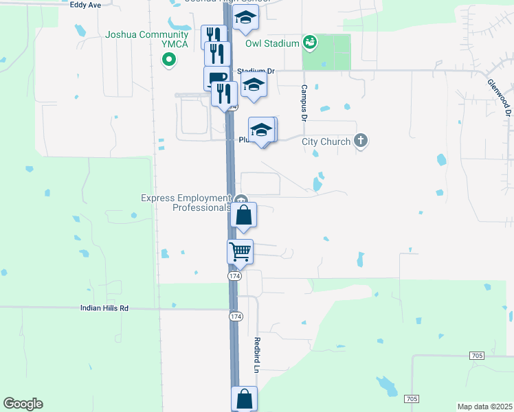 map of restaurants, bars, coffee shops, grocery stores, and more near 1401 South Broadway Street in Joshua