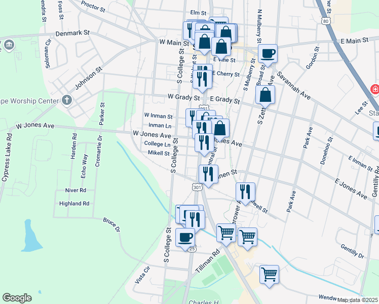 map of restaurants, bars, coffee shops, grocery stores, and more near 301 South Main Street in Statesboro