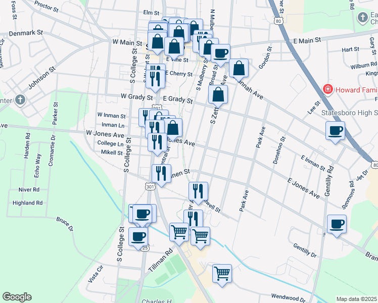 map of restaurants, bars, coffee shops, grocery stores, and more near 329 Broad Street in Statesboro