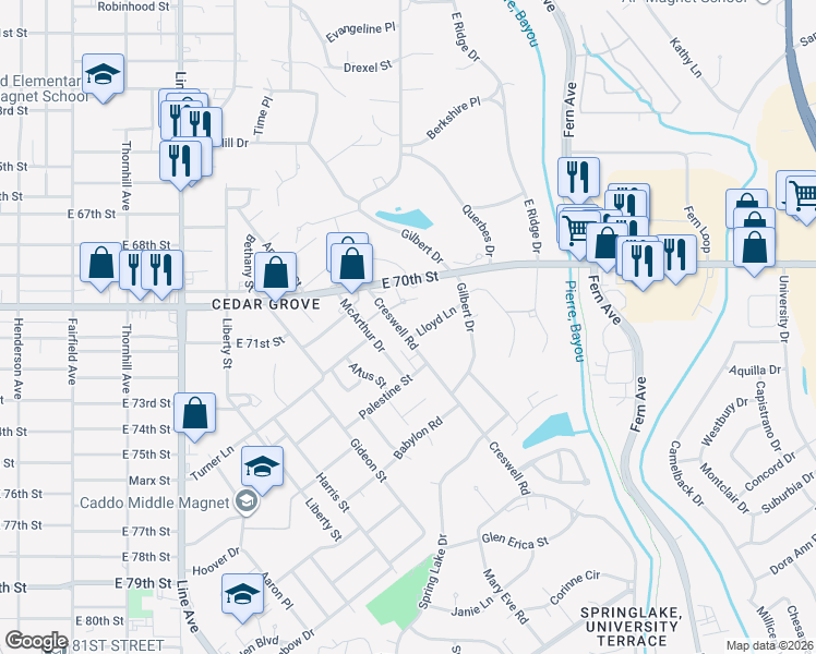 map of restaurants, bars, coffee shops, grocery stores, and more near 1030 East 70th Street in Shreveport