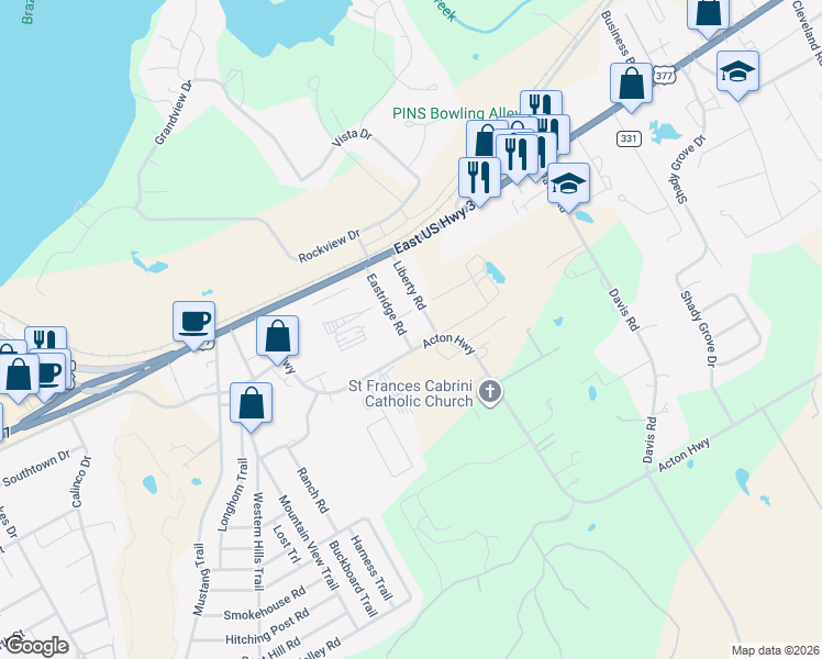 map of restaurants, bars, coffee shops, grocery stores, and more near 250 Liberty Road in Granbury