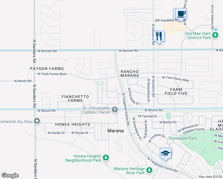 map of restaurants, bars, coffee shops, grocery stores, and more near 12060 West Makenna Lane in Marana
