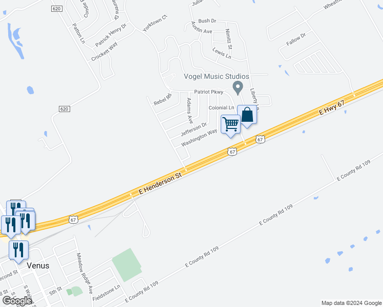 map of restaurants, bars, coffee shops, grocery stores, and more near 113 Franklin Street in Venus