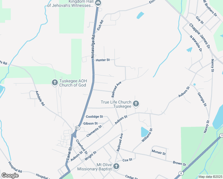 map of restaurants, bars, coffee shops, grocery stores, and more near 1007 Geneva Street in Tuskegee