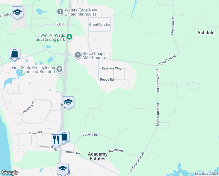 map of restaurants, bars, coffee shops, grocery stores, and more near 6 Milton Way in Beaufort