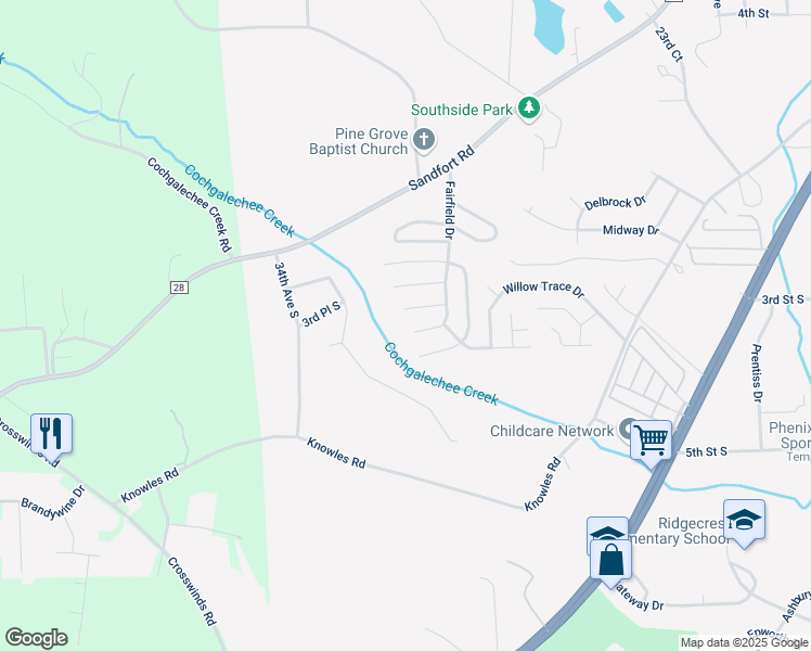 map of restaurants, bars, coffee shops, grocery stores, and more near 58 Fairfield Drive in Phenix City