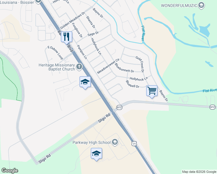 map of restaurants, bars, coffee shops, grocery stores, and more near 5312 Lucerne Lane in Bossier City