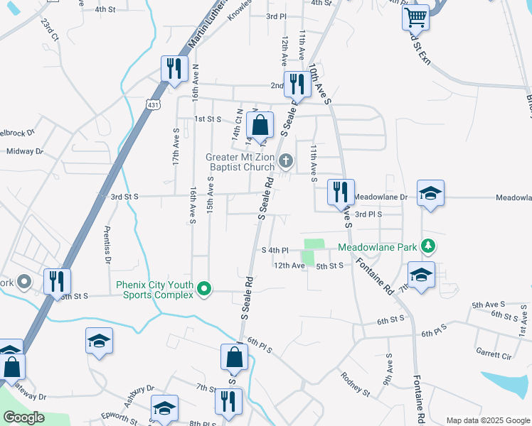 map of restaurants, bars, coffee shops, grocery stores, and more near 300 South Seale Road in Phenix City