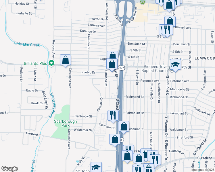map of restaurants, bars, coffee shops, grocery stores, and more near 801 Alameda Road in Abilene