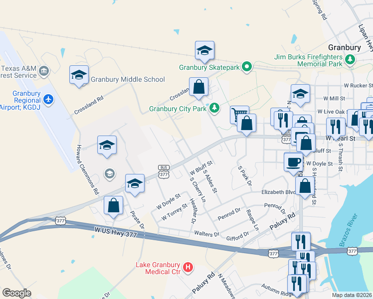 map of restaurants, bars, coffee shops, grocery stores, and more near 209 Deputy Larry Miller Drive in Granbury