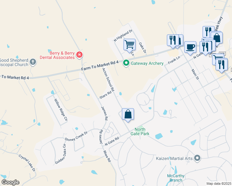 map of restaurants, bars, coffee shops, grocery stores, and more near 3101 Acton School Road in Granbury