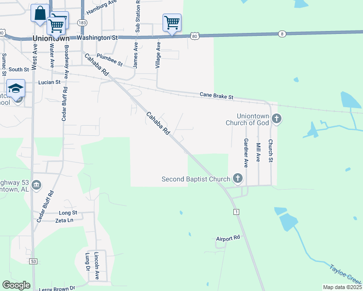 map of restaurants, bars, coffee shops, grocery stores, and more near 408 Cahaba Road in Uniontown