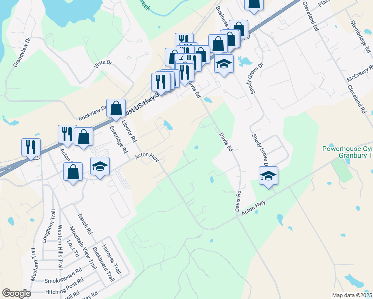 map of restaurants, bars, coffee shops, grocery stores, and more near 2300 Acton Highway in Granbury