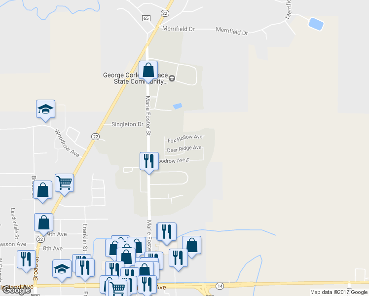 map of restaurants, bars, coffee shops, grocery stores, and more near 2057 Deer Ridge Avenue in Selma