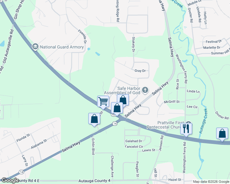 map of restaurants, bars, coffee shops, grocery stores, and more near 221 Stewart Street in Prattville