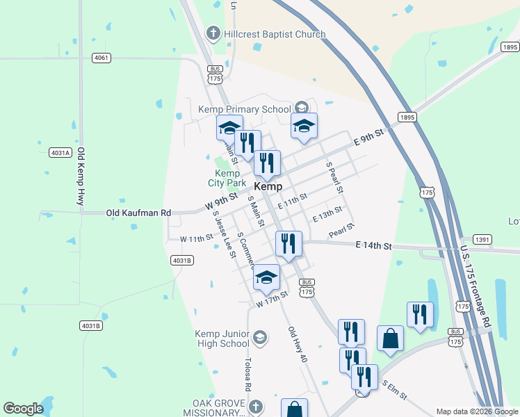 map of restaurants, bars, coffee shops, grocery stores, and more near 217 South Main Street in Kemp