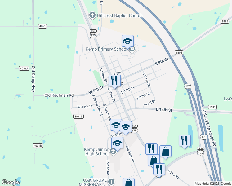map of restaurants, bars, coffee shops, grocery stores, and more near in Kemp