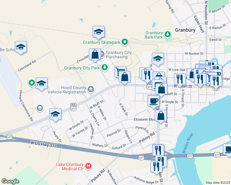map of restaurants, bars, coffee shops, grocery stores, and more near 1111 West Pearl Street in Granbury