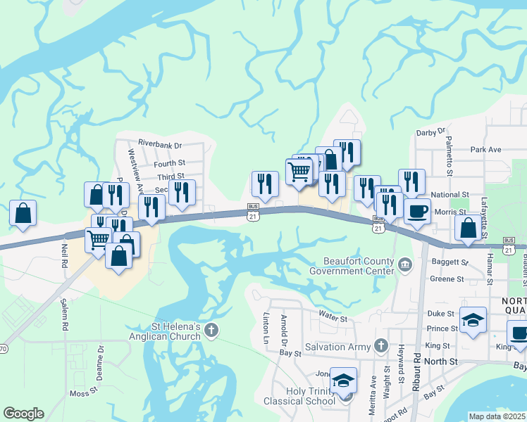 map of restaurants, bars, coffee shops, grocery stores, and more near Boundary Street in Beaufort