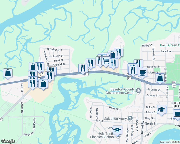 map of restaurants, bars, coffee shops, grocery stores, and more near 2189 Boundary Street in Beaufort