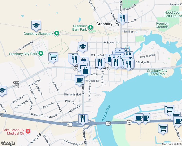 map of restaurants, bars, coffee shops, grocery stores, and more near 509 West Pearl Street in Granbury