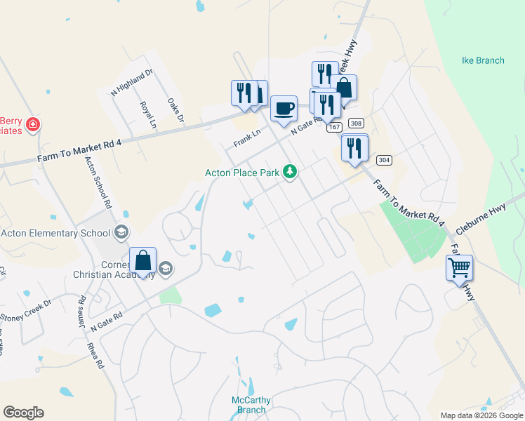 map of restaurants, bars, coffee shops, grocery stores, and more near 3200 Arrow Creek Drive in Granbury