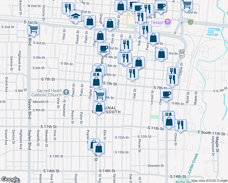 map of restaurants, bars, coffee shops, grocery stores, and more near 725 Elm Street in Abilene