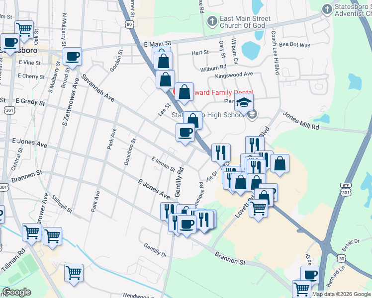 map of restaurants, bars, coffee shops, grocery stores, and more near 833 Northside Drive East in Statesboro