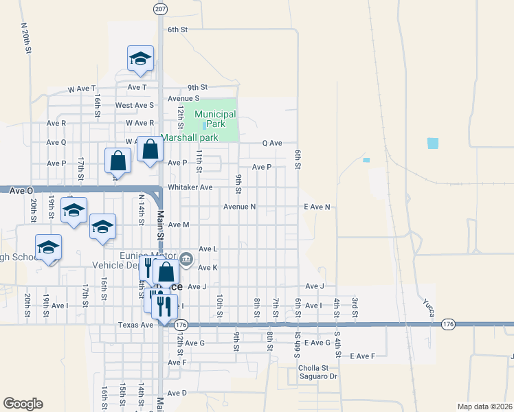 map of restaurants, bars, coffee shops, grocery stores, and more near 1401 8th Street in Eunice