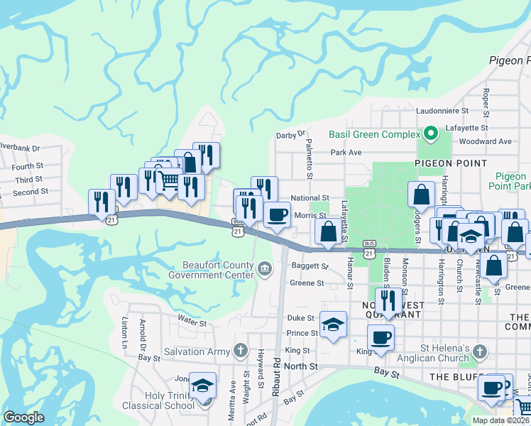 map of restaurants, bars, coffee shops, grocery stores, and more near 2001 Boundary Street in Beaufort