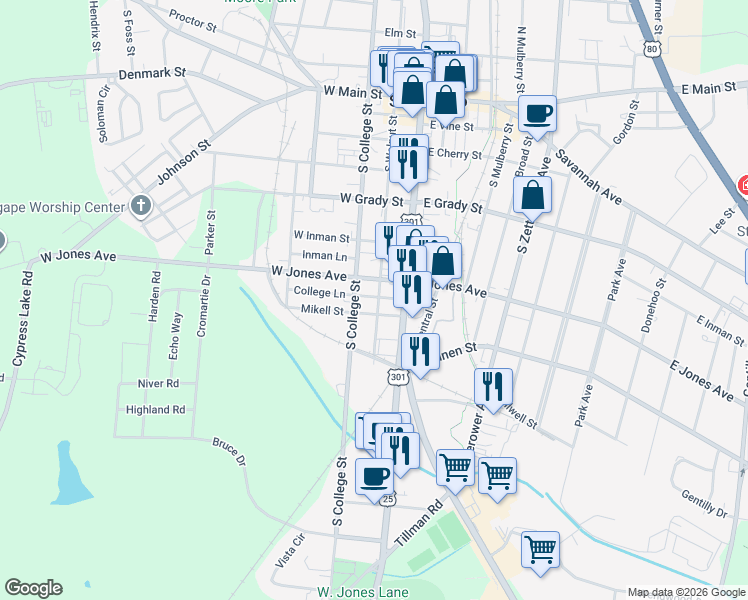 map of restaurants, bars, coffee shops, grocery stores, and more near 235 South Walnut Street in Statesboro